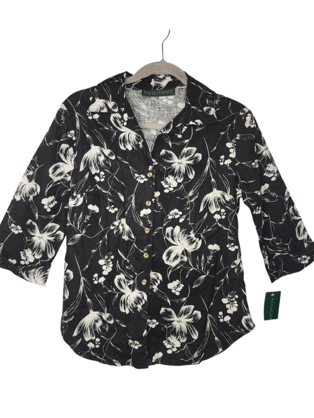 NEW Harve Benard Linen Blend Black and White Floral Collared Button Down Small